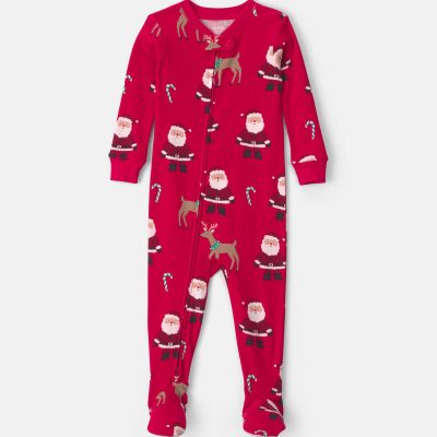 Baby 1-Piece Beige Santa Christmas 2-Way Zip 100% Cotton Snug Fit Footed Pajama - Red
