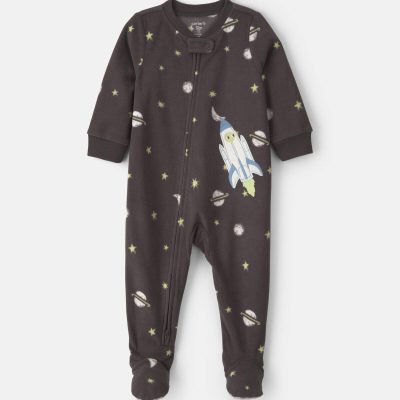 Baby Boy 1-Piece Space 2-Way Zip Fleece Loose Fit Footed Pajama - Black