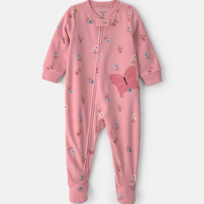 Baby Girl 1-Piece Butterfly 2-Way Zip Fleece Loose Fit Footed Pajama - Pink