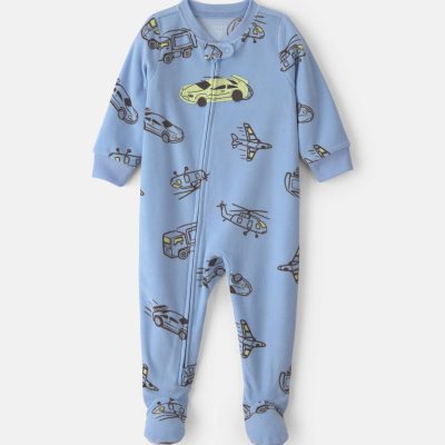 Baby Boy 1-Piece Racecar 2-Way Zip Fleece Loose Fit Footed Pajama - Blue/Green