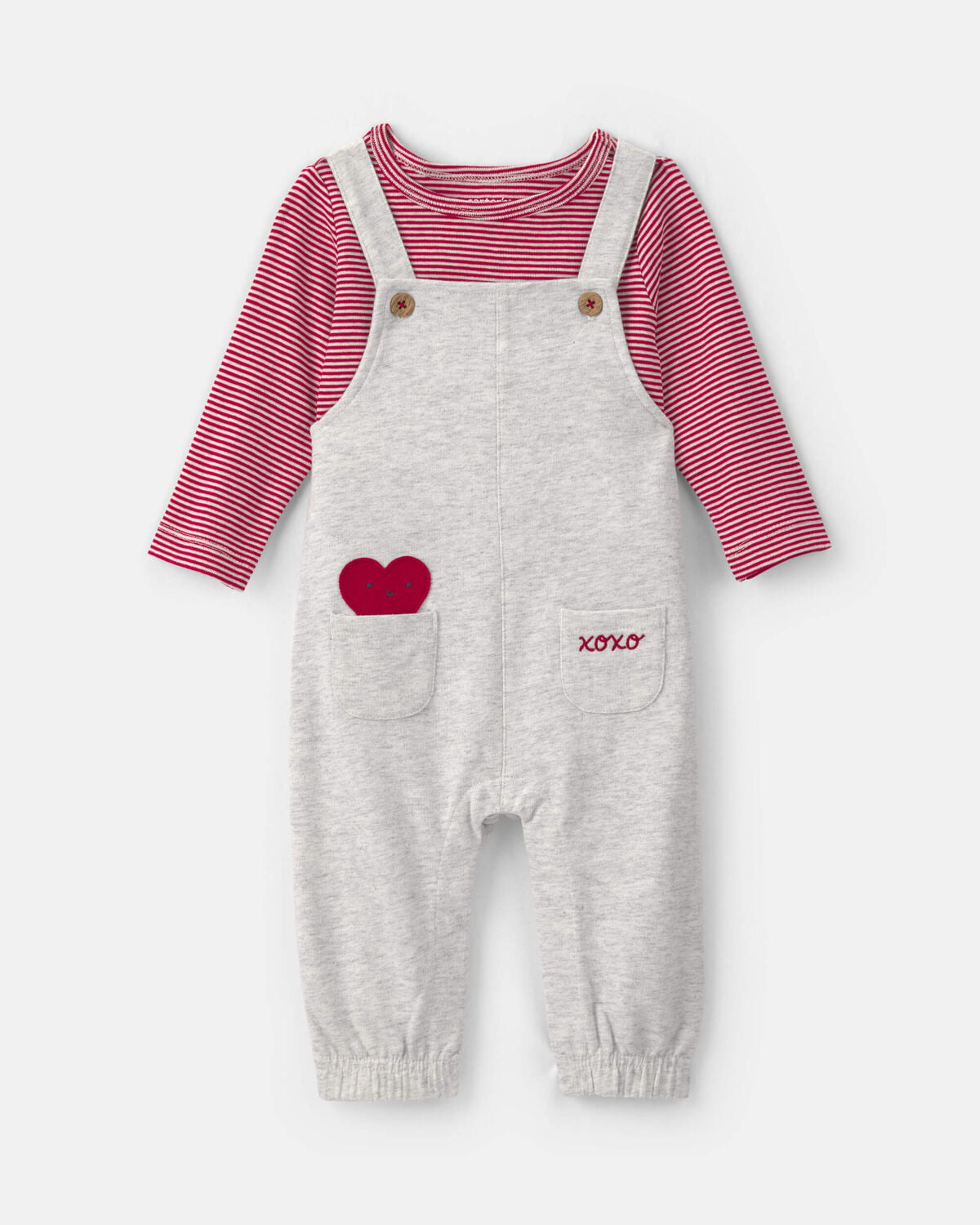Baby Boy 2-Piece Valentine's Day French Terry Long-Sleeve Overall Set - Red/Grey