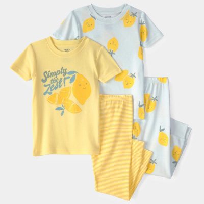 Toddler Girl Lemon 100% Cotton Snug Fit 4-Piece Pajama Set - Blue/Yellow