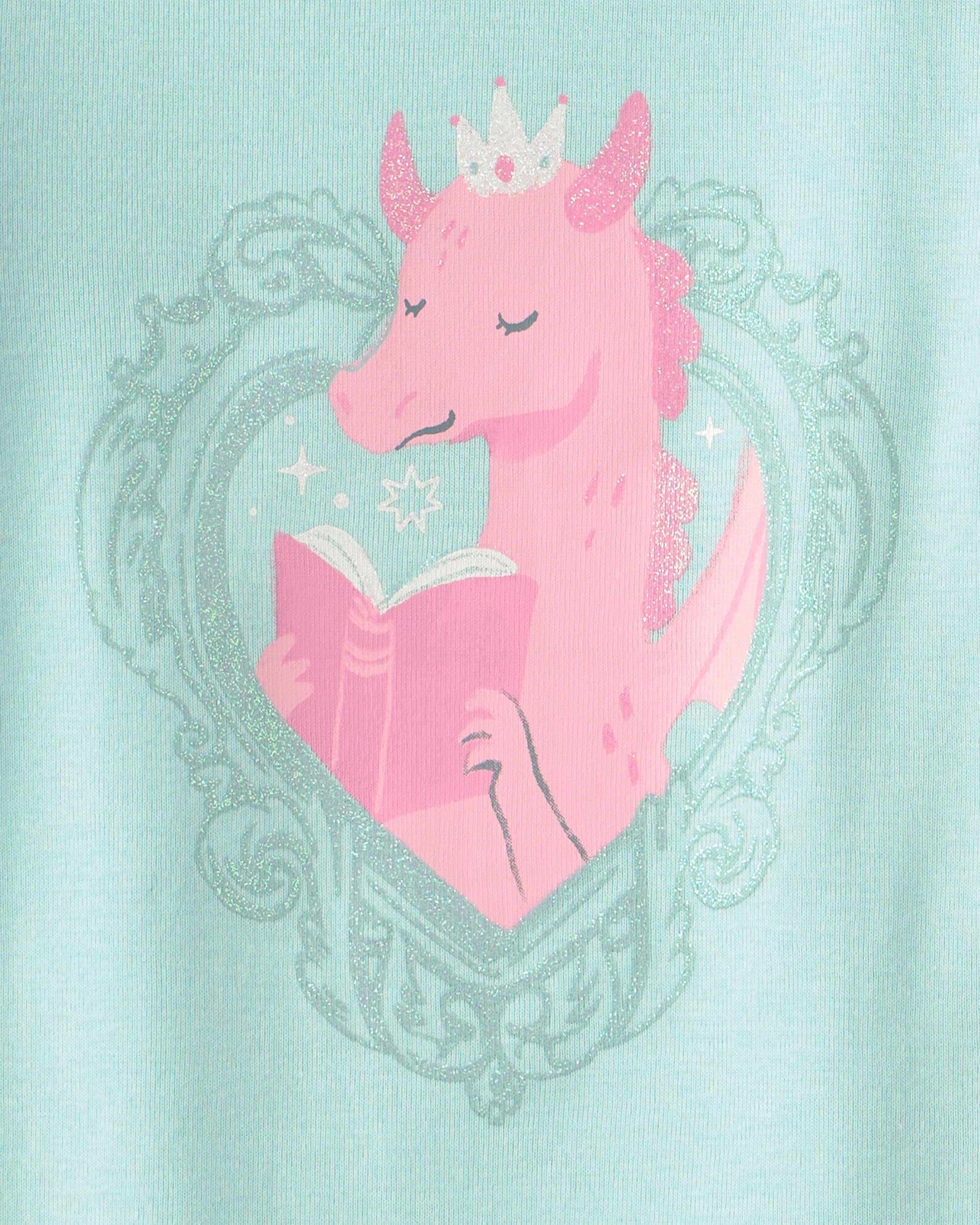 Toddler Girl Fairy Tale Dragon 100% Cotton Short-Sleeve Snug Fit 4-Piece Pajama Set - Blue/Ivory - Image 5
