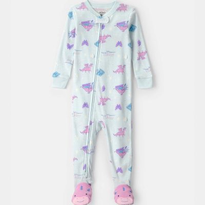 Toddler Girl Fairytale Dragon 100% Cotton Snug Fit 1-Piece Pajama - Blue