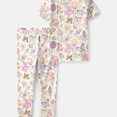 Toddler Girl Butterfly 100% Cotton Snug Fit 2-Piece Pajama Set - Cream