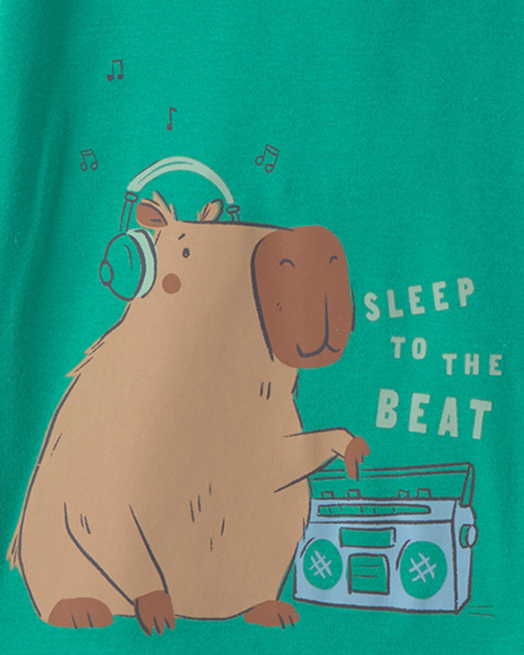 Toddler Boy Capybara 100% Cotton 4-Piece Pajama Set - Green/Ivory - Image 4