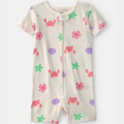 Toddler Girl Sea Critters 100% Cotton 1-Piece Romper Pajama - Cream