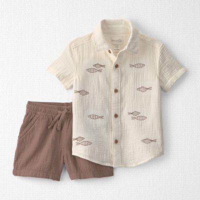 Toddler Boy 2-Piece Organic Cotton Gauze Embroidered Top & Short Set