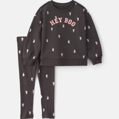 Toddler Girl Halloween 'Hey Boo' French Terry Pullover & Pant Set - Black
