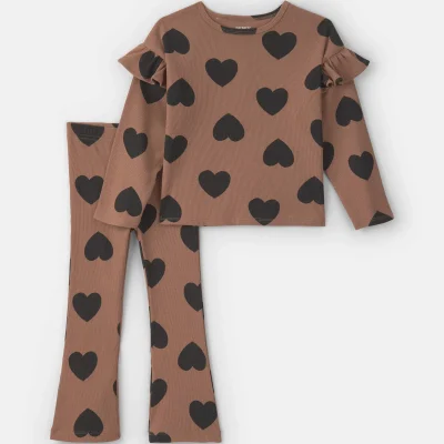 Toddler Girl 2-Piece Heart Long-Sleeve Top & Pant Set - Brown