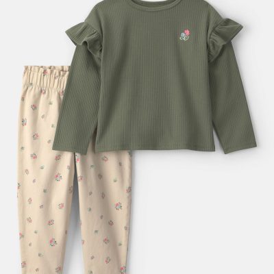 Toddler Girl 2-Piece Floral Twill Long-Sleeve Top & Pant Set - Olive Green/Cream