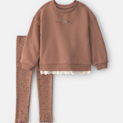 Toddler Girl 2-Piece Floral Fleece Sweatshirt & Pant Set - Brown