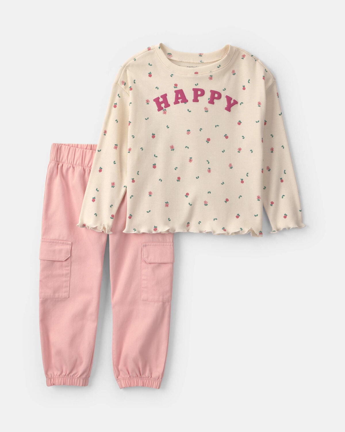 Toddler Girl 2-Piece 'Happy' Striped Twill Long-Sleeve Top & Pant Set - Pink/Cream