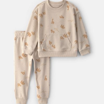 Toddler Boy 2-Piece Animal Cracker French Terry Top & Pant Set - Cream/Brown