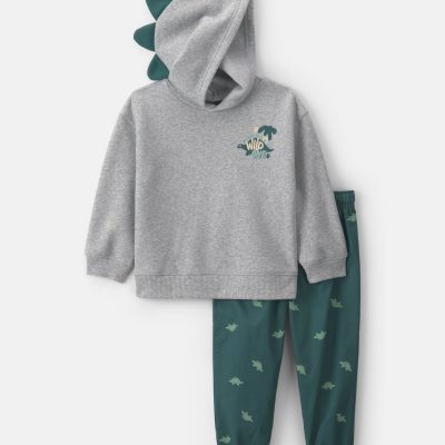 Toddler Boy 2-Piece Dinosaur Fleece Hooded Top & Pant Set - Grey/Green