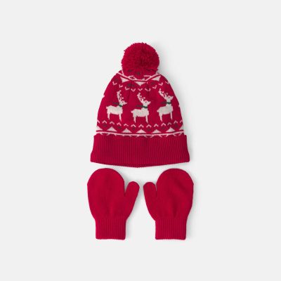 Toddler 2-Piece Fair Isle Christmas Beanie & Glove Set - Red