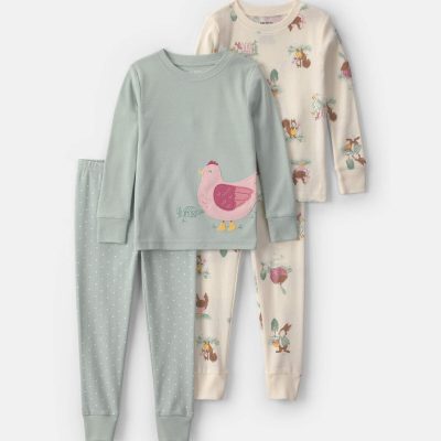 Toddler Girl 4-Piece Country Chicken 100% Cotton Snug Fit Pajama Set - Green/Cream