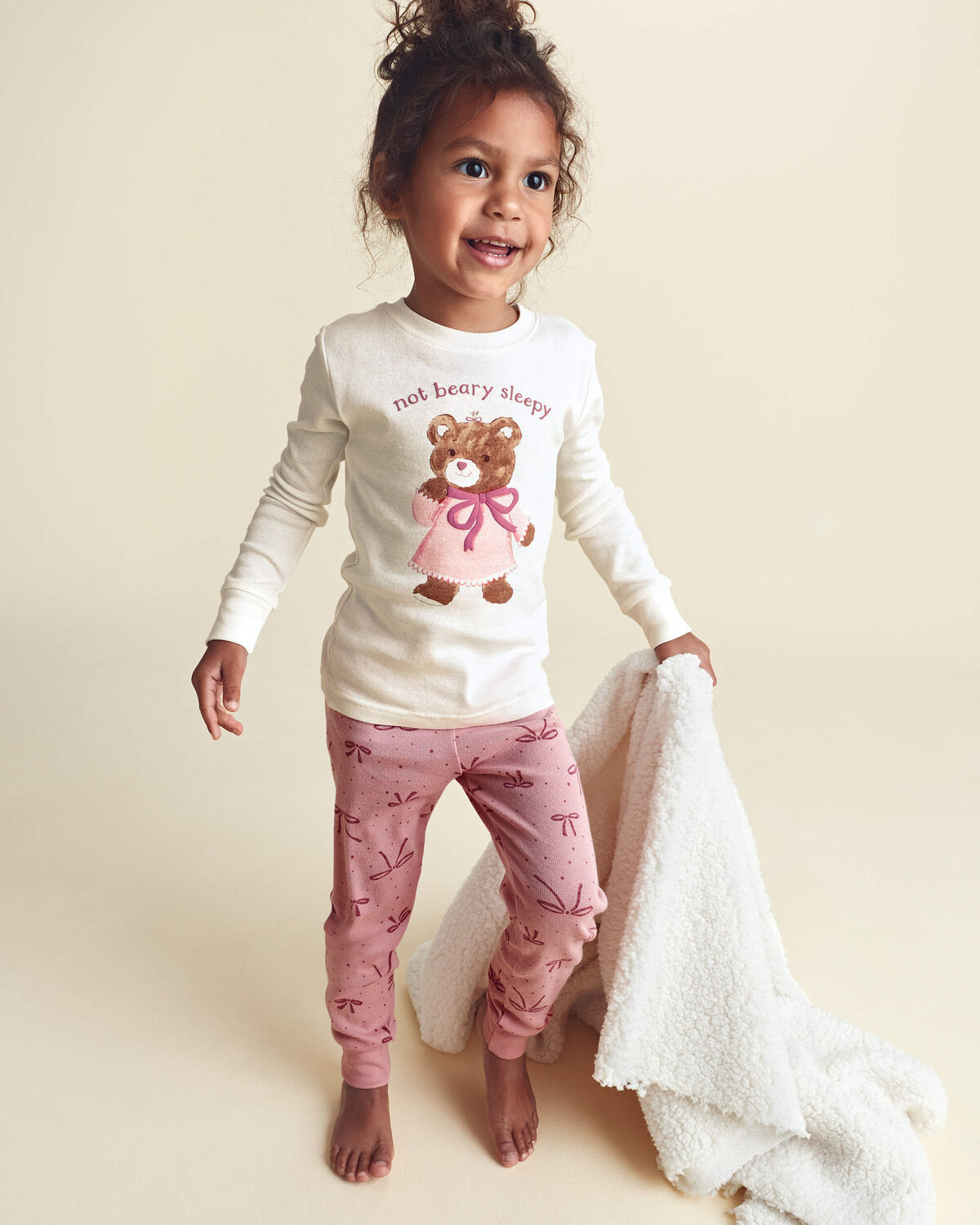 Toddler Girl 4-Piece Bear Varsity 100% Cotton Snug Fit Pajama Set - Pink/Cream - Image 2