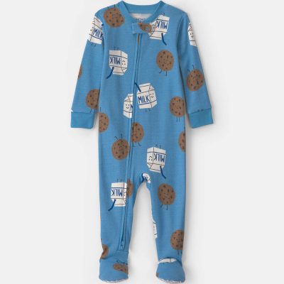 Toddler Boy 1-Piece Milk & Cookies 100% Cotton Snug Fit Footed Pajama - Blue