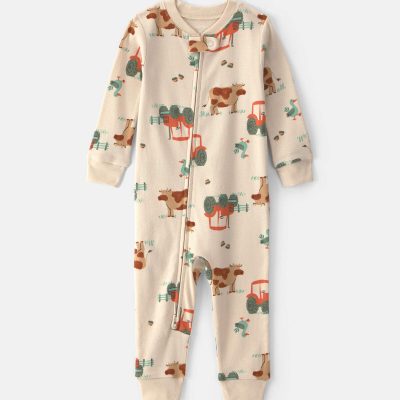 Toddler Boy 1-Piece Farm 100% Cotton Snug Fit Pajama - Beige