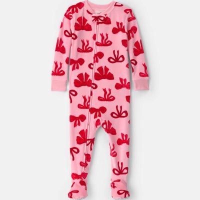 Toddler Girl 1-Piece Bows DreamPlush Snug Fit Footed Pajama - Pink