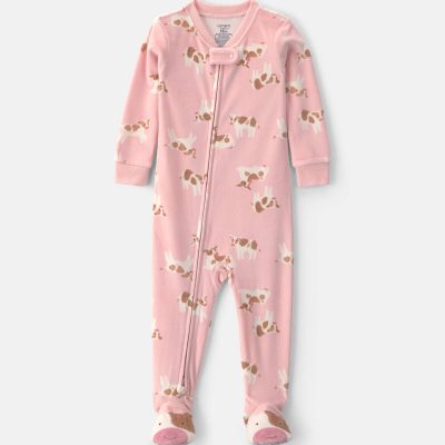 Toddler Girl 1-Piece Cow DreamPlush Snug Fit Footed Pajama - Pink