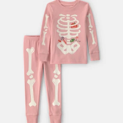 Toddler Girl 2-Piece Halloween Glow in the Dark Skeleton 100% Cotton Snug Fit Pajama Set - Pink