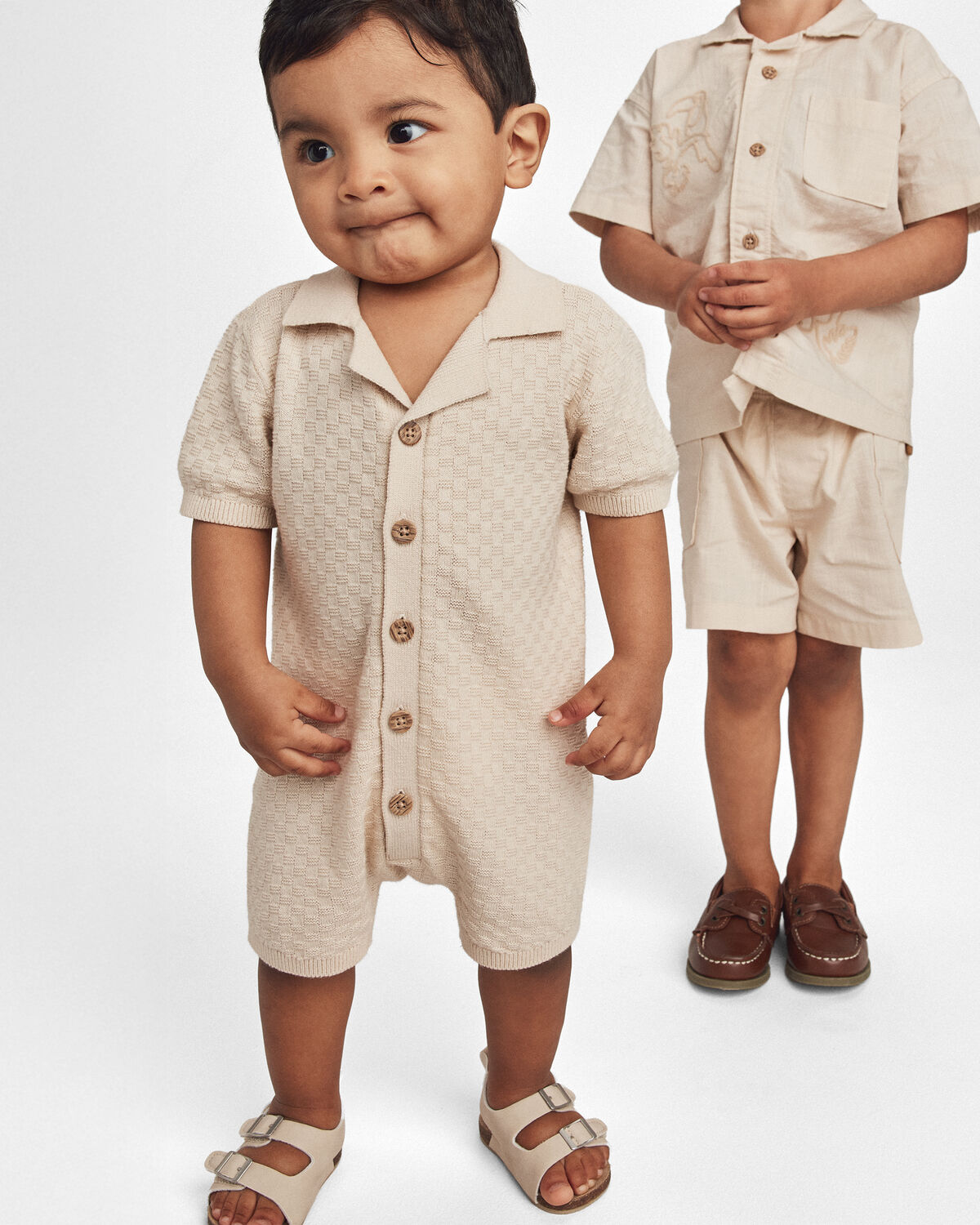 Baby Boy Button-Down Short-Sleeve Romper - Ivory - Image 2