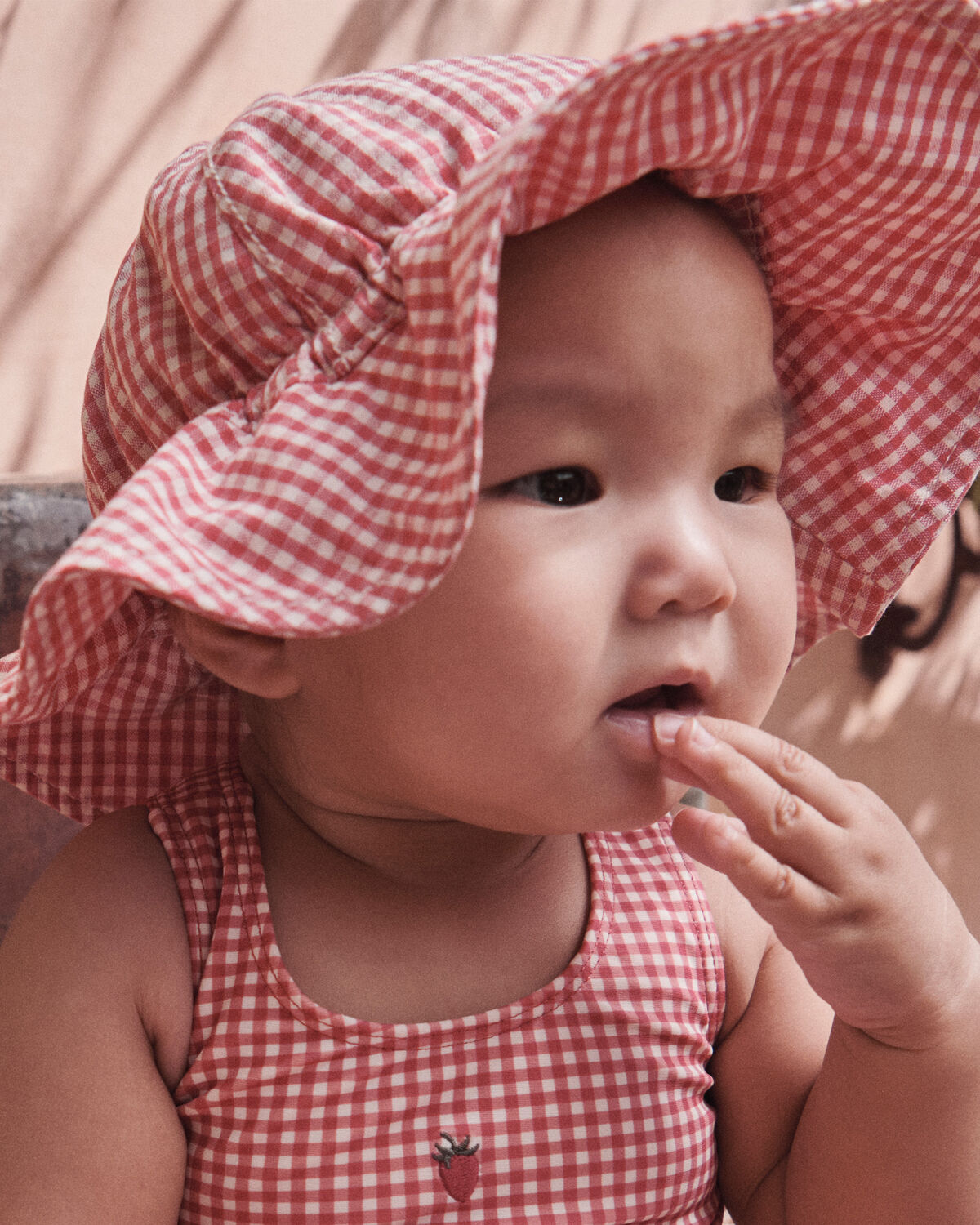 Baby Girl Sunhat Made with Organic Cotton in Red Gingham - Image 2