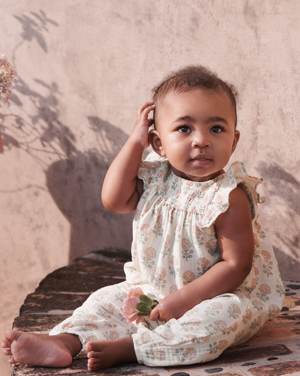 Baby Girl Organic Cotton Gauze Jumpsuit in Rosebud Petal Print - Image 2