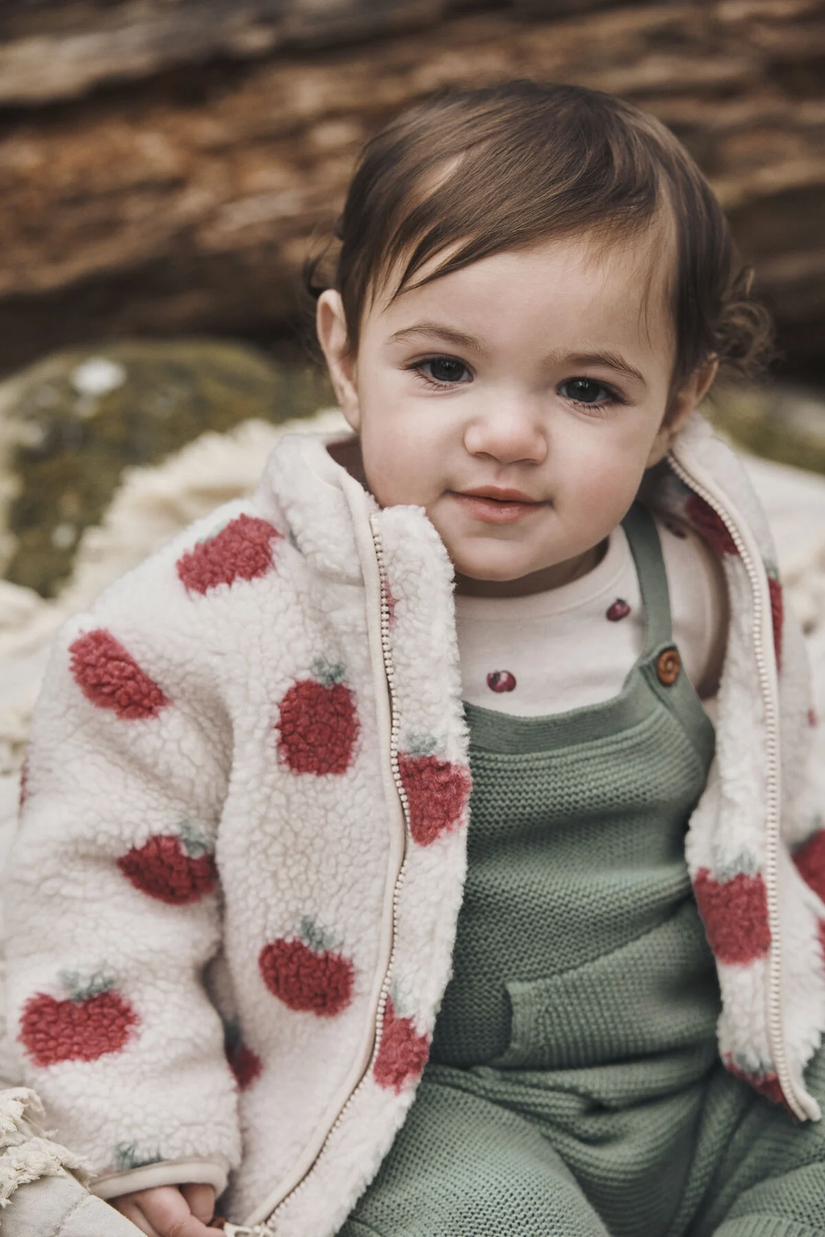 Baby Girl Recycled Teddy Fleece Jacket in Apples - Image 2