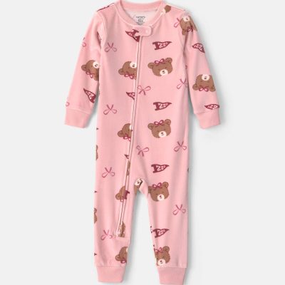 Toddler Girl 1-Piece Bears & Bows DreamPlush Snug Fit Pajama - Pink