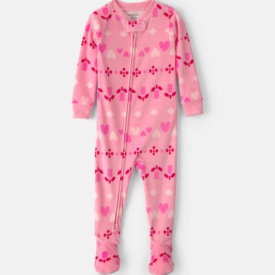 Toddler Girl 1-Piece Heart Fair Isle DreamPlush Snug Fit Footed Pajama - Pink