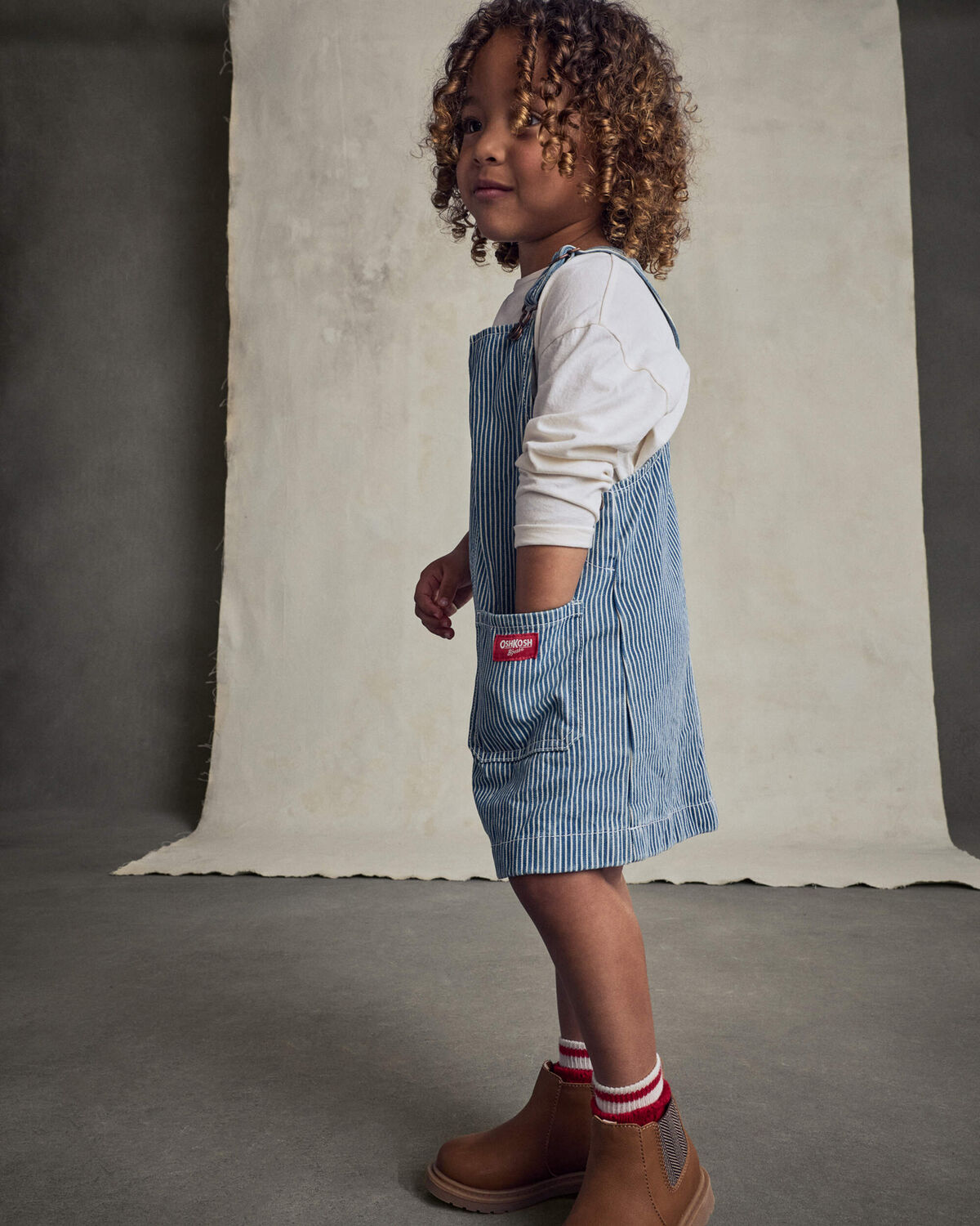 Toddler Girl Hickory Denim Long-Sleeve Overall Set - Light Wash - Image 5