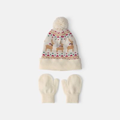 Toddler 2-Piece Fair Isle Christmas Beanie & Glove Set - Cream