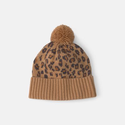 Toddler Girl Pom Leopard Beanie - Brown