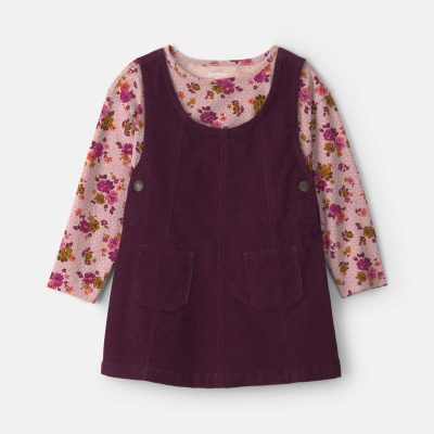 Toddler Girl 2-Piece Floral Corduroy Long-Sleeve Dress Set - Pink/Purple