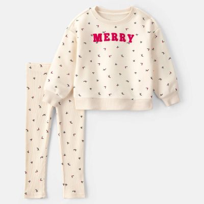 Toddler Girl 2-Piece 'Merry' Fleece Long-Sleeve Top & Pant Set - Cream