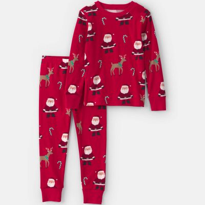 Toddler 2-Piece Beige Santa Christmas 100% Cotton Snug Fit Pajama Set - Red