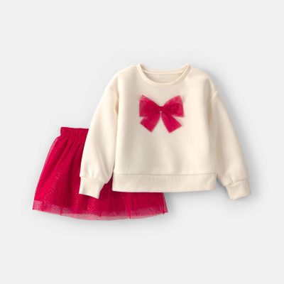 Toddler Girl Tulle Bow Fleece Long-Sleeve Top & Skort Set - Cream/Red