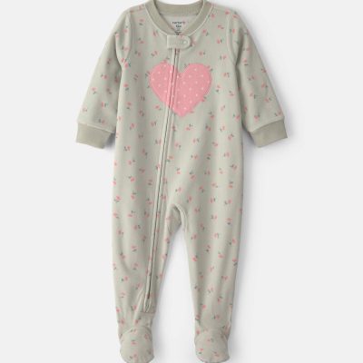 Toddler Girl 1-Piece Heart Fleece Loose Fit Footed Pajama - Green