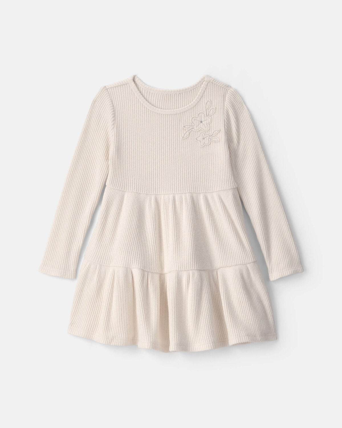 Toddler Girl Flower Ribbed Long-Sleeve Dress - Cream