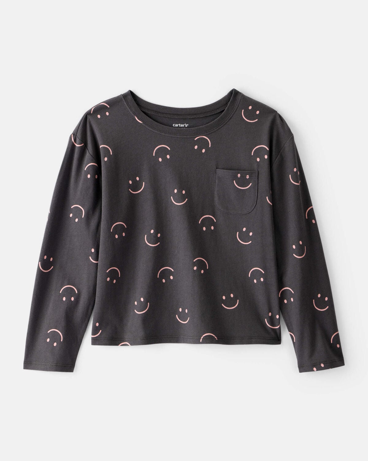 Girls Smiley Face Print Long-Sleeve Top - Black
