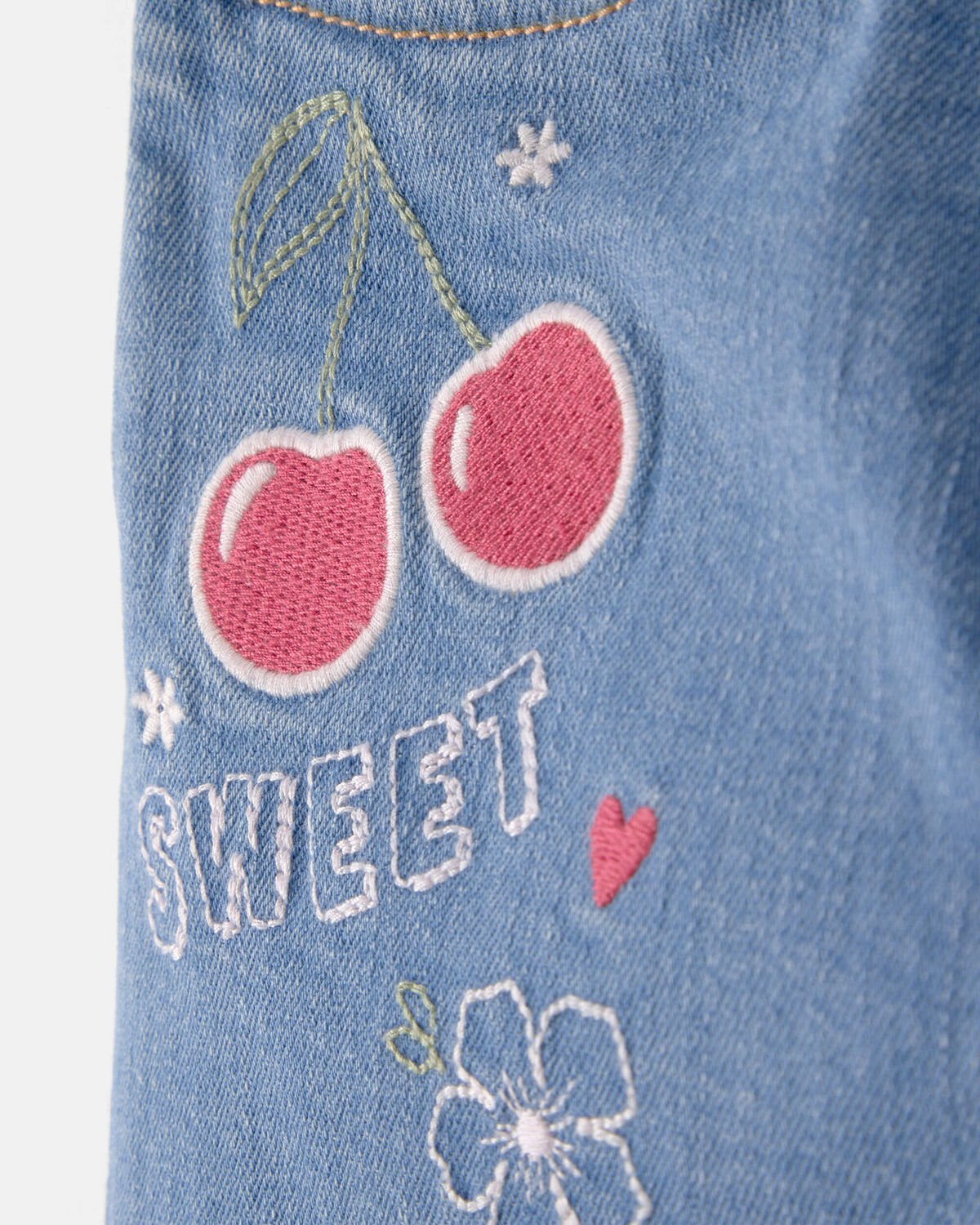 Girls Cherry Denim Embroidered Midi Shorts - Medium Wash - Image 2