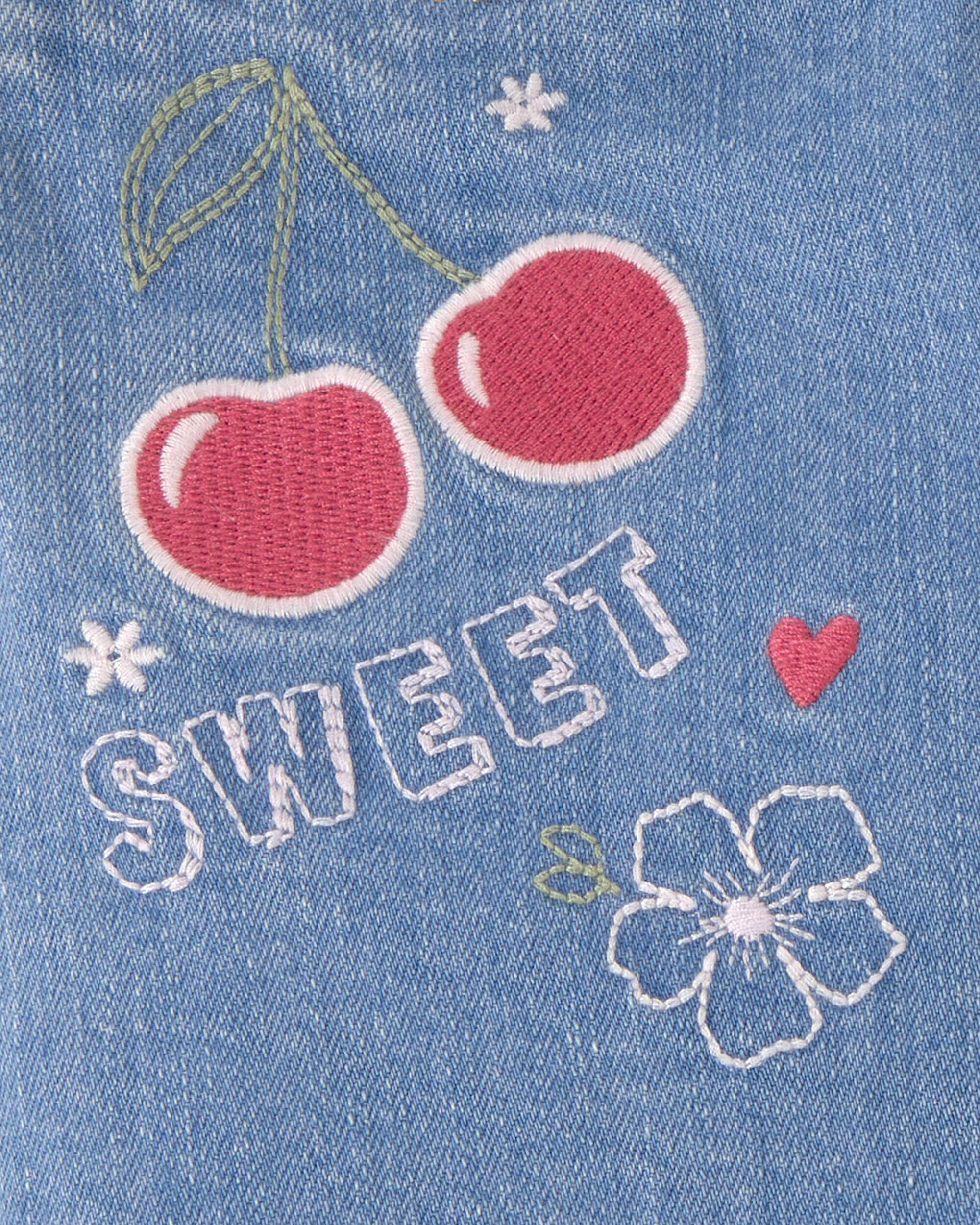Girls Cherry Denim Embroidered Midi Shorts - Medium Wash - Image 5
