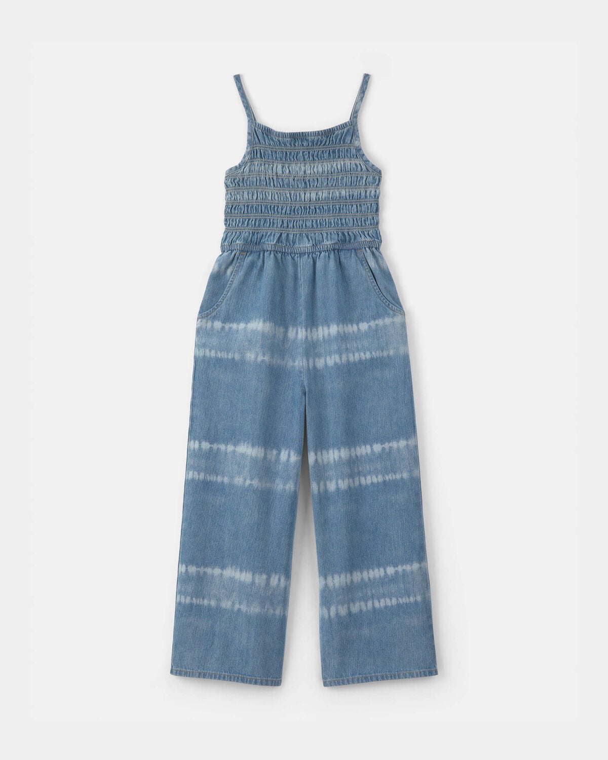 Girls Tie-Dye Smocked Denim Wide-Leg Jumpsuit - Medium Wash