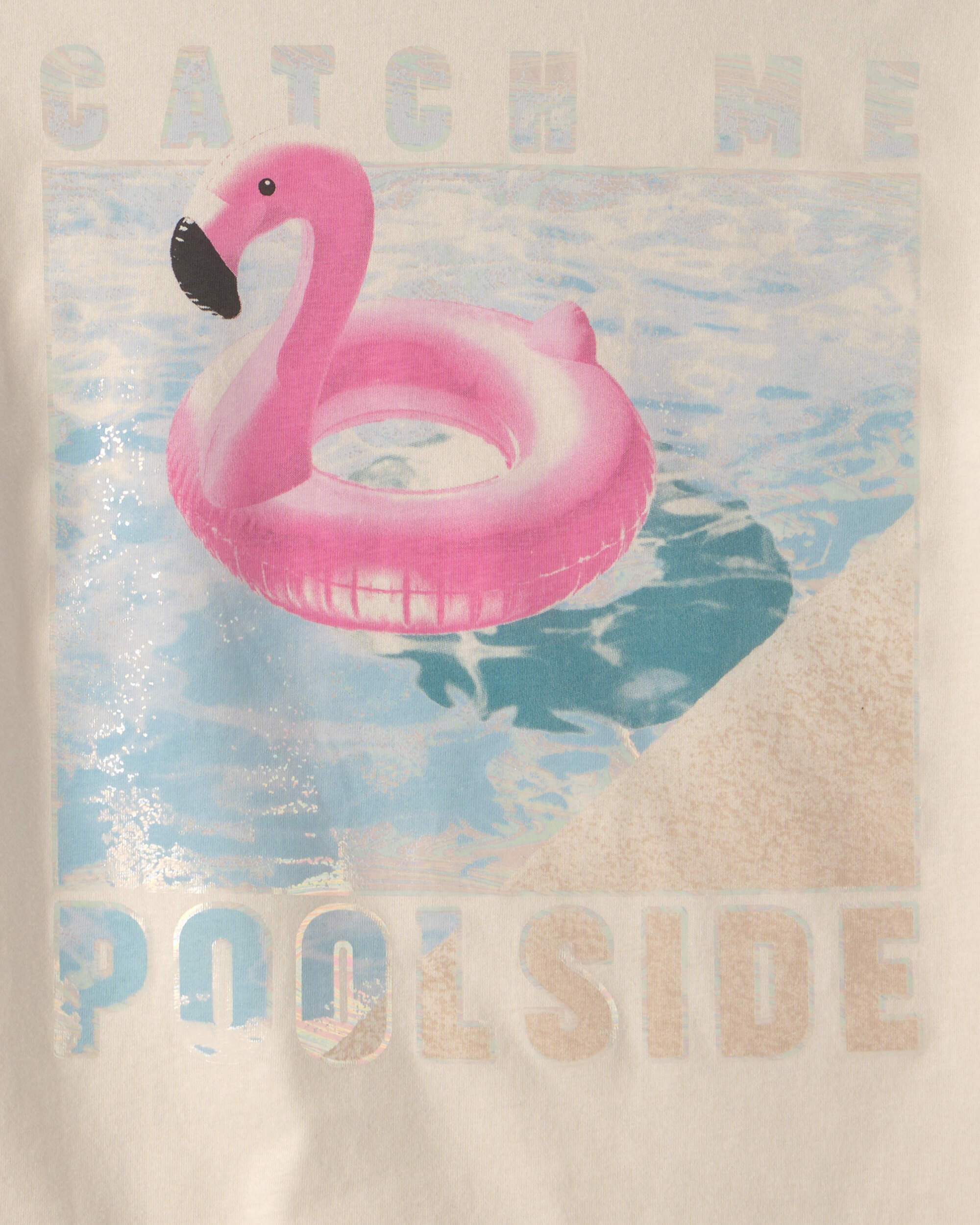 Girls 'Catch Me Poolside' Flamingo Oversized Graphic Tee - Cream - Image 4