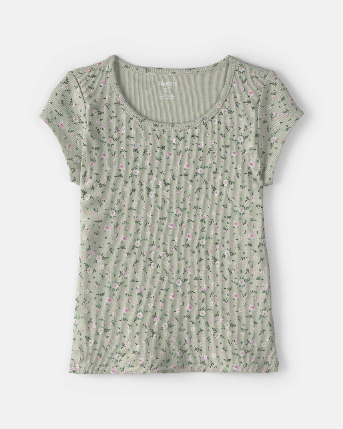 Girls Floral Ribbed Top - Green