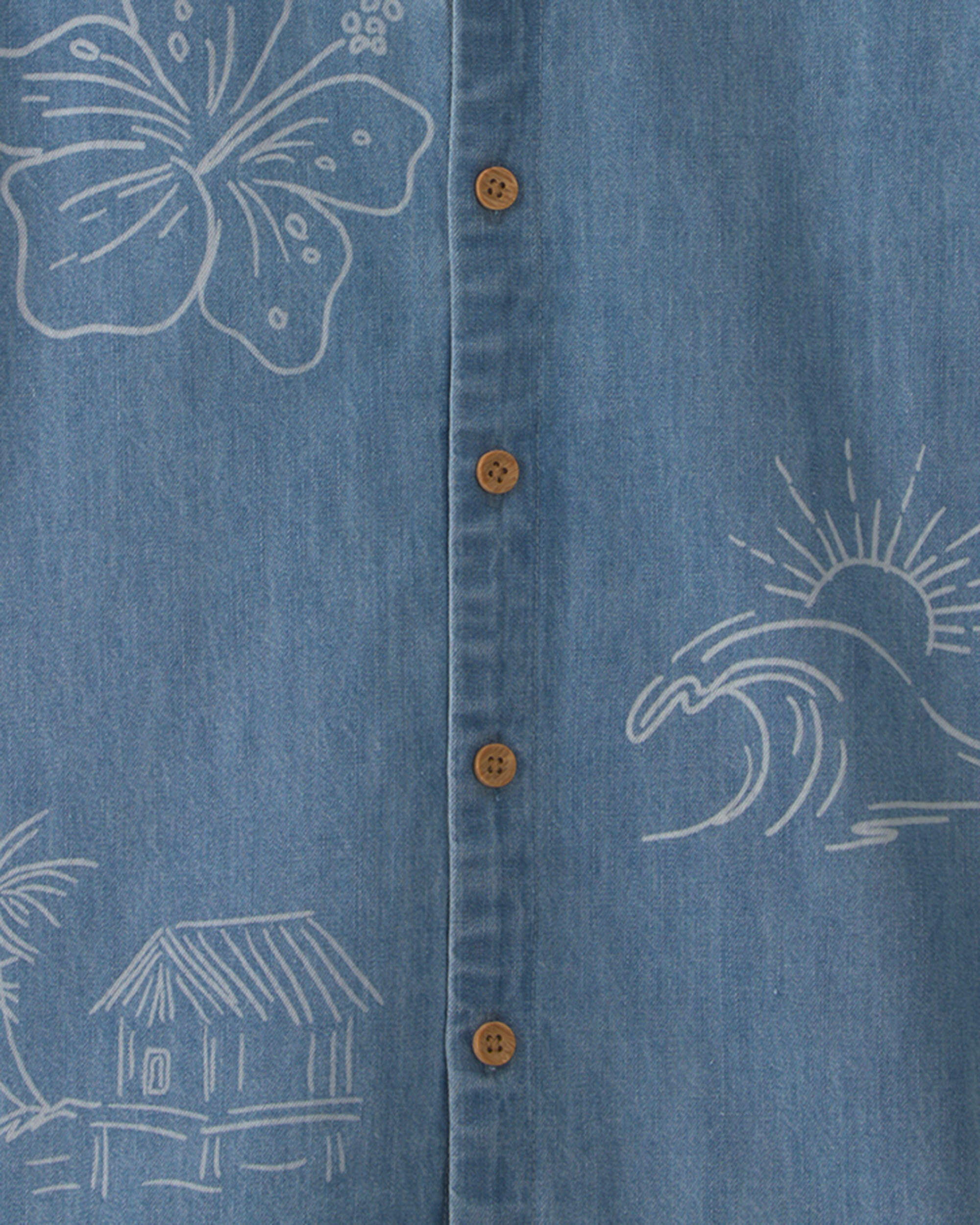 Boys Tropical Denim Short-Sleeve Button-Down Shirt - Medium Wash - Image 3