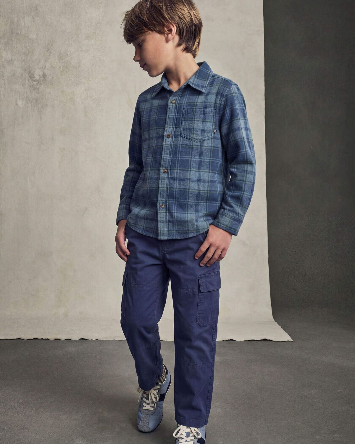 Boys Plaid Long-Sleeve Button-Down Shirt - Navy Blue - Image 3